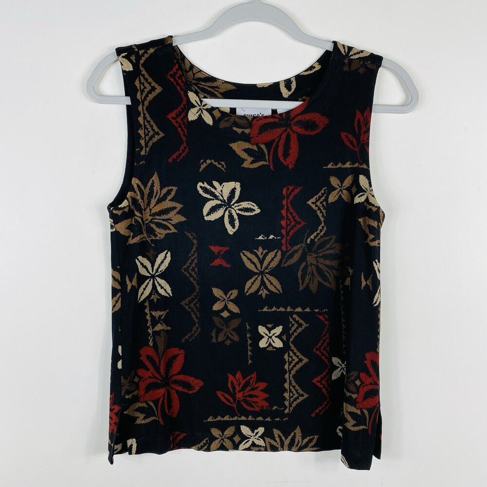 Chico's Travelers Tank Top Medium 1 8 Black Floral Acetate Sleeveless Blouse